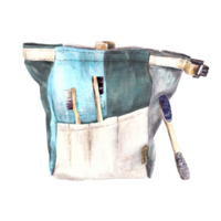 Textile sport climbing bag with pockets and magnesium brushes. Equipment for rock climbing, bouldering. Watercolor illustration  Design for stickers, magnet, cards, print logo png