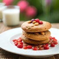 galletas con vistoso coberturas de varios sabores, servido en un plato en un llanura y natural fondo, genial para marcas, restaurantes, compañías, comida negocios el concepto de generativo ai foto