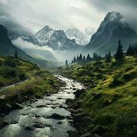 Beautiful landscape of mountains, flowing rivers and valleys in the highlands, great for websites, blogs, backdrops, business etc. Image from generative ai photo