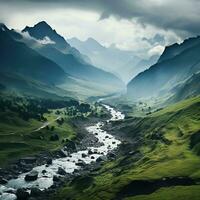 hermosa paisaje de montañas, fluido ríos y valles en el tierras altas, genial para sitios web, blogs, telones de fondo, negocio etc. imagen desde generativo ai foto