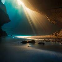 Beautiful cave object with bright light illuminating the cave passage, great for business, background, decoration, website, travel etc. The concept of generative Ai photo