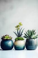 ceramic containers with succulents on the table, with generative Ai. photo