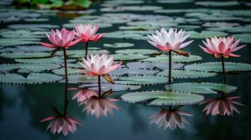 Beauty blossom lotus flower in pond and reflection on surface. generative ai. photo