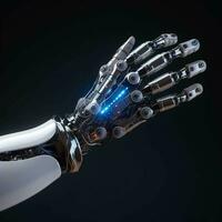 Futuristic design gesture concept. A robotic mechanical arm looks ike a human hand. Cybernetic organism. generative ai. photo