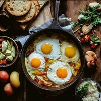 Healthy breakfast set on table. The concept of delicious and healthy food. generative ai. photo