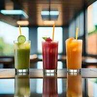 Juice and ice in smoothie glass with indoor atmosphere in cafe served on table tray, great to use for background, website, company, business, and healthy diet magazine. Concept of generative Ai photo