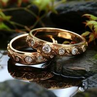 A pair of gold rings, romantic celebration design background at wedding, love. Ai generative concept photo