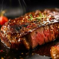 A steak on a cutting board with herbs and spices. generative ai. photo