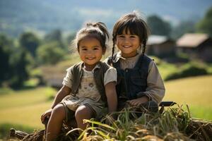 Cute children in the countryside. generative ai photo