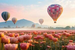 Flying on the balloon over the field of blooming flowers. generative ai photo