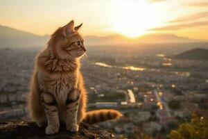 Portrait of a cat with a blurred background of the view of city. generative ai. photo