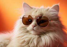 blanco mullido gato en Gafas de sol generativo ai. foto