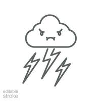 nube cielo con personaje línea icono. enojado tormenta nube con iluminación. cielo con eléctrico tormenta trueno. clima para logo, aplicación web. editable carrera vector ilustración diseño en blanco antecedentes eps 10