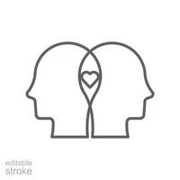 perfiles con mental salud línea icono. dos humano avatar y amor símbolo. consciencia, demencia, neurología problema logo pictograma. editable ataque. vector ilustración diseño en blanco antecedentes eps 10