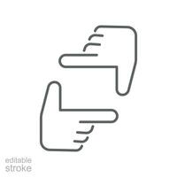 Human hands doing cropping symbol outline icon. Hand framing photo, form of frame gesture camera photo. gestures concept. Editable stroke. Vector illustration. Design on white background. EPS 10