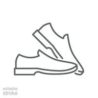 Man shoe line icon. A pair of male shoes element, Man's formal foot wear outline style pictogram for web, mobile app. Editable stroke. Vector illustration. Design on white background. EPS 10