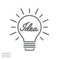 idea ligero bulbo línea icono. brillante lámpara para innovación, creativo, inspiración símbolo. problema resolviendo o solución. contorno estilo. editable carrera vector ilustración. diseño en blanco antecedentes eps 10