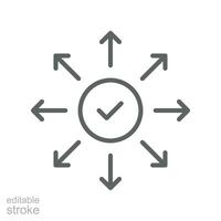 Distribution and launch line icon. Product release marketing. Success networking, check mark button with arrow spreading. outline pictogram. Vector illustration. Design on white background. EPS 10