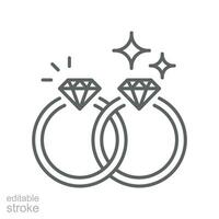 Wedding rings line icon. Shiny elegant diamond ring for couple relationship. Engagement fiance Jewelry. Marriage Jewel Accessory. Editable stroke. Vector illustration design on white background EPS 10