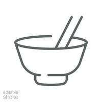 Bowl chopsticks line icon. Japanese asian food, oriental dish. Simple pictogram outline Logo for restaurant web mobile app. Editable stroke Vector illustration Design on white background EPS 10