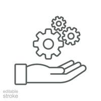 Installation and support line icon. Gears in hand for repair service process setting. Engineer job, Technology support. Editable stroke. Vector illustration. Design on white background. EPS 10