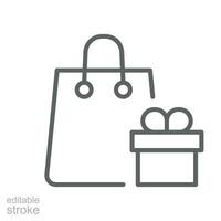 Shopping bag line icon. Giving Bag pack symbol for parcel, present gift box and package. Sales, retail simple pictogram. Editable stroke. Vector illustration. Design on white background. EPS 10