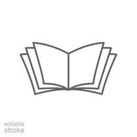 Open book outline icon. E-book, cover digital magazine, dictionary, science novel. simple pictogram for bookstore, library logo Editable stroke. vector illustration. Design on white background. EPS 1