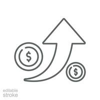 Coins dollar with arrow up line icon. Increase of dollar rate. Return on investment upwards. capital earning benefit. market growth editable stroke Vector illustration Design. EPS 10