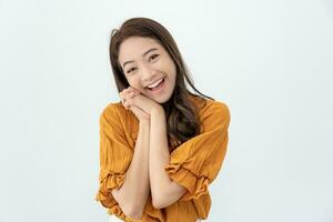 Portrait asian beautiful girl shy smile blank space isolated background. Happy woman on vacation. young female smiling success, billboard, introduction, advertisement, attractive, expression, positive photo