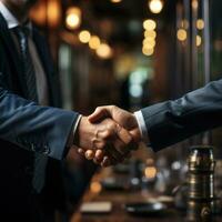 Handshake with suits, a sign of communication, friendship, business, partner, friendship, meeting with clients. Generative Ai concept photo