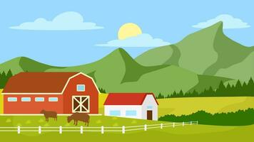 Vector illustration of countryside farm in the green mountains. Farmhouse landscape with barn and cow livestock. Rural agriculture landscape for background, wallpaper or landing page