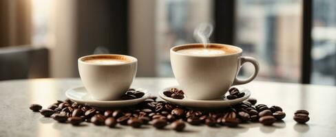 hot espresso and coffee bean on white table with soft-focus and over light in the background. top view. AI generated photo