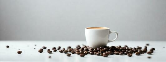 hot espresso and coffee bean on white table with soft-focus and over light in the background. top view. AI generated photo