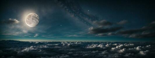 Romantic Moon In Starry Night Over Clouds. AI generated photo