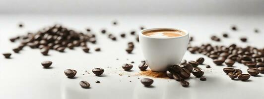 hot espresso and coffee bean on white table with soft-focus and over light in the background. top view. AI generated photo