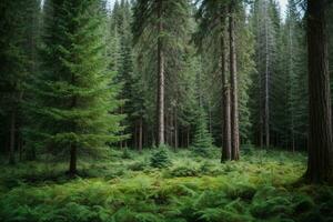 Healthy green trees in a forest of old spruce, fir and pine. AI generated photo