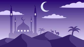 Vector illustration of mosque in the deserts. Mosque in the night with crescent moon for mubarak. Ramadan design graphic in muslim culture and islam religion. Islamic illustration background design