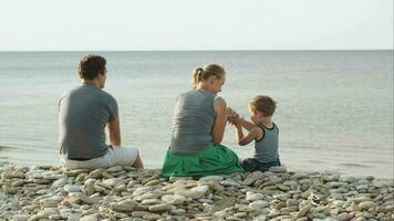 familie van drie zittend Aan kiezelsteen strand door de water video