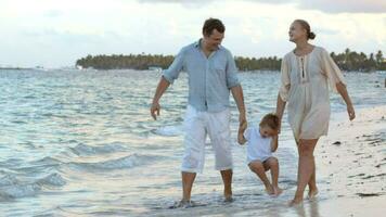 Parents et leur enfant en marchant le long de le plage video