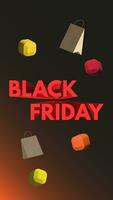 Black Friday 3d red in isometry, 3d elements and package on a black background. Vertical banner for announcing discounts and promotions photo