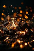 Detail of fire sparks isolated on black background. AI generated photo
