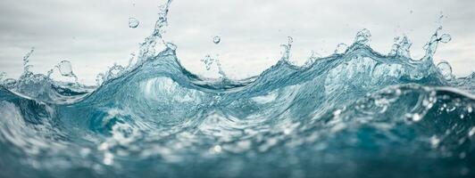 fresh blue natural drink water wave wide panorama with bubbles concept isolated white background. AI generated photo