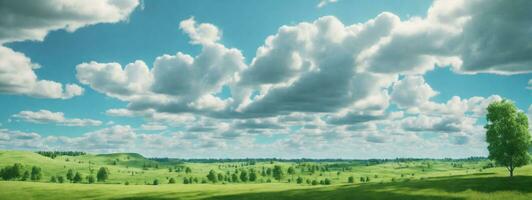 russia summer landscape - green fileds, the blue sky and white clouds. AI generated photo