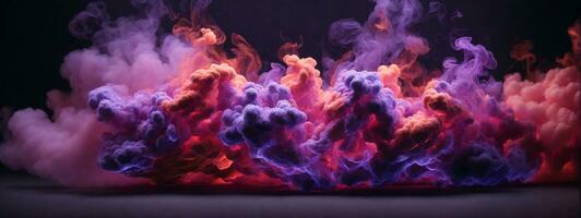 Dense multicolored smoke of red, purple and pink colors on a black isolated background. Background of smoke vape. AI generated photo