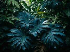 Collection of tropical leaves,foliage plant in blue color with space background. AI generated photo