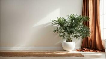 Plant against a white wall mockup. White wall mockup with brown curtain, plant and wood floor. 3D illustration.. AI generated photo