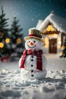 Merry christmas and happy new year greeting card with copy-space.Happy snowman standing in christmas landscape.Snow background.Winter fairytale.. AI generated photo