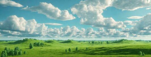 russia summer landscape - green fileds, the blue sky and white clouds. AI generated photo