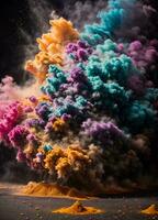 Abstract powder splatted background. Colorful powder explosion on white background. Colored cloud. Colorful dust explode. Paint Holi. AI generated photo