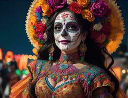 hermosa mujer con pintado cráneo en su cara para de mexico día de el muerto, ai generativo foto